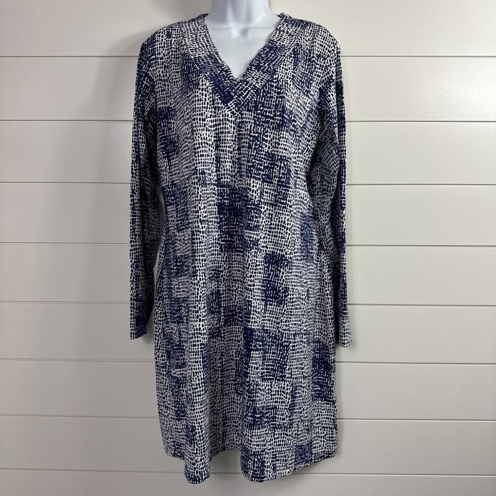 IBKUL Long Sleeve Performance Dress V-Neck Comfort Cool Navy Blue Print sz XL